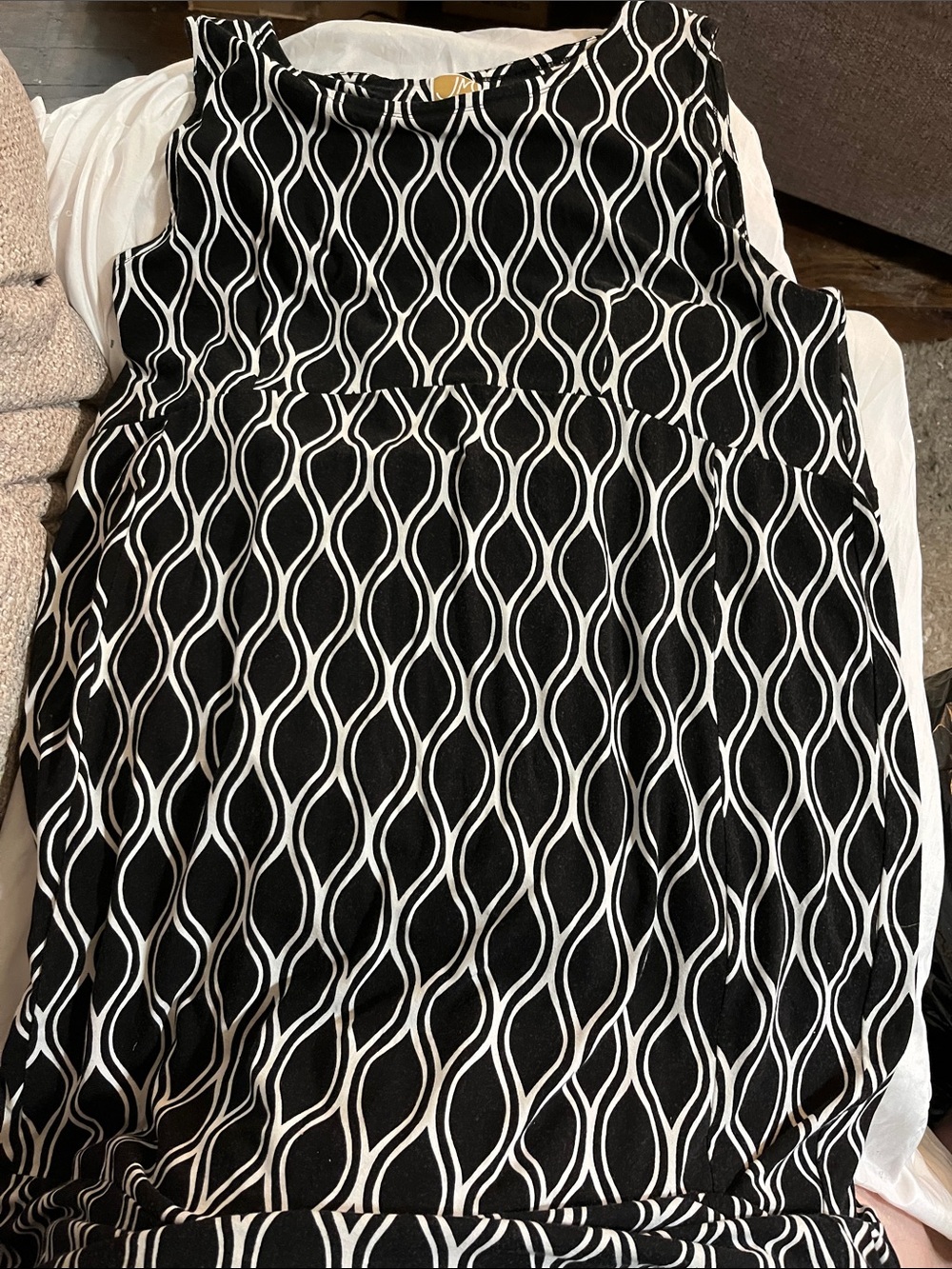 JM Collection Black & White Sleeveless Midi Dress with Wave Pattern